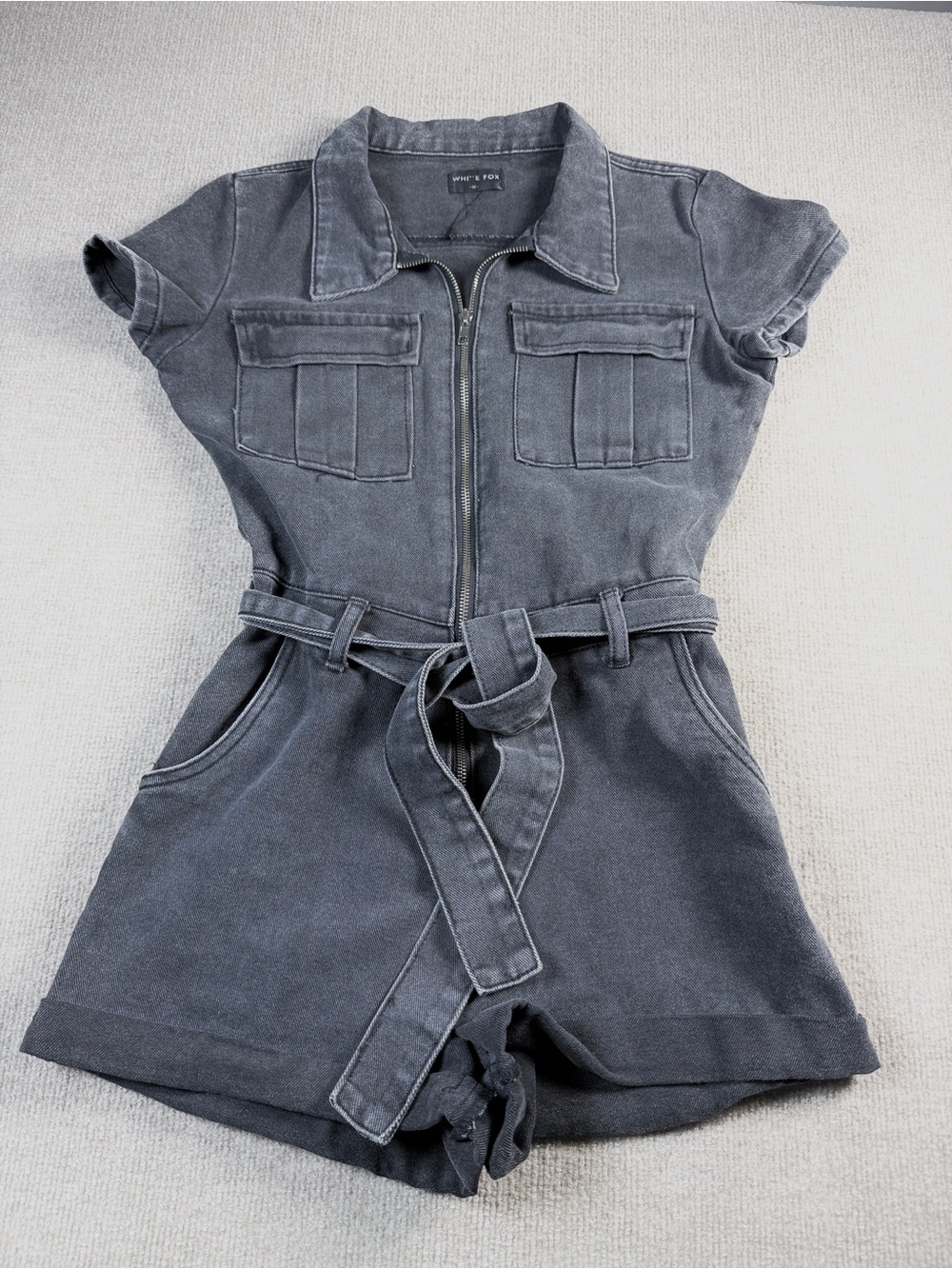 White Fox Utility Denim Romper | Washed Black | Belted Zip Front | Size M NWOT